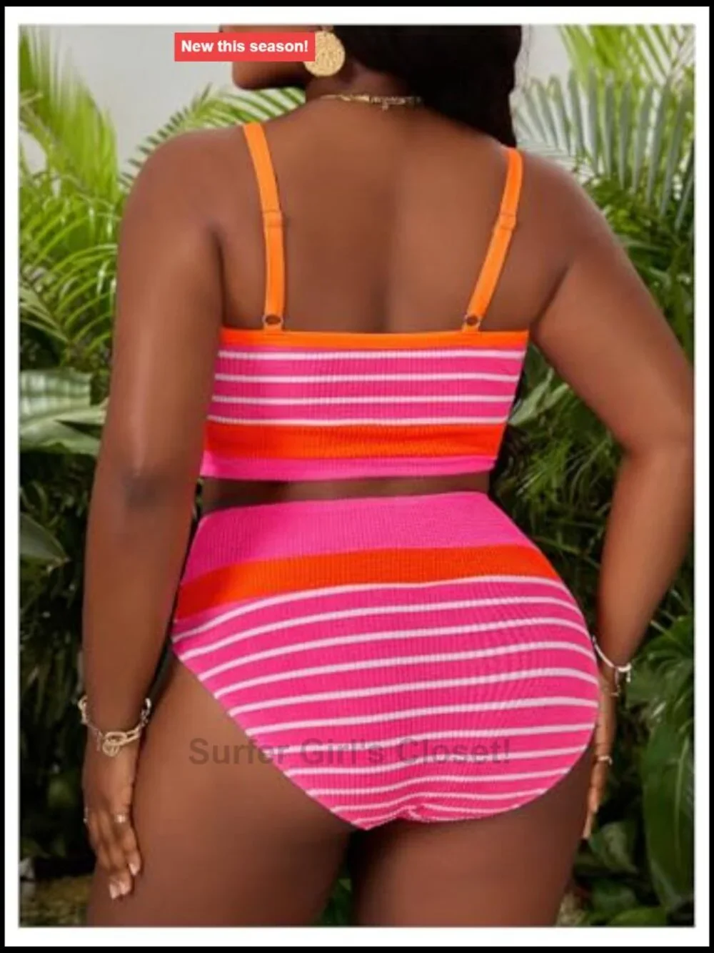 Plus Size Contrast Striped Ribbed Knit Bikini Set Tummy Control Swimsuit